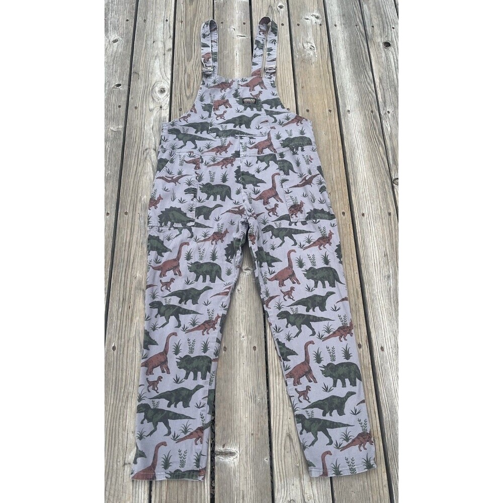 Run & Fly Women’s L Dinosaur Print Overalls Stretch Made in England - Gray